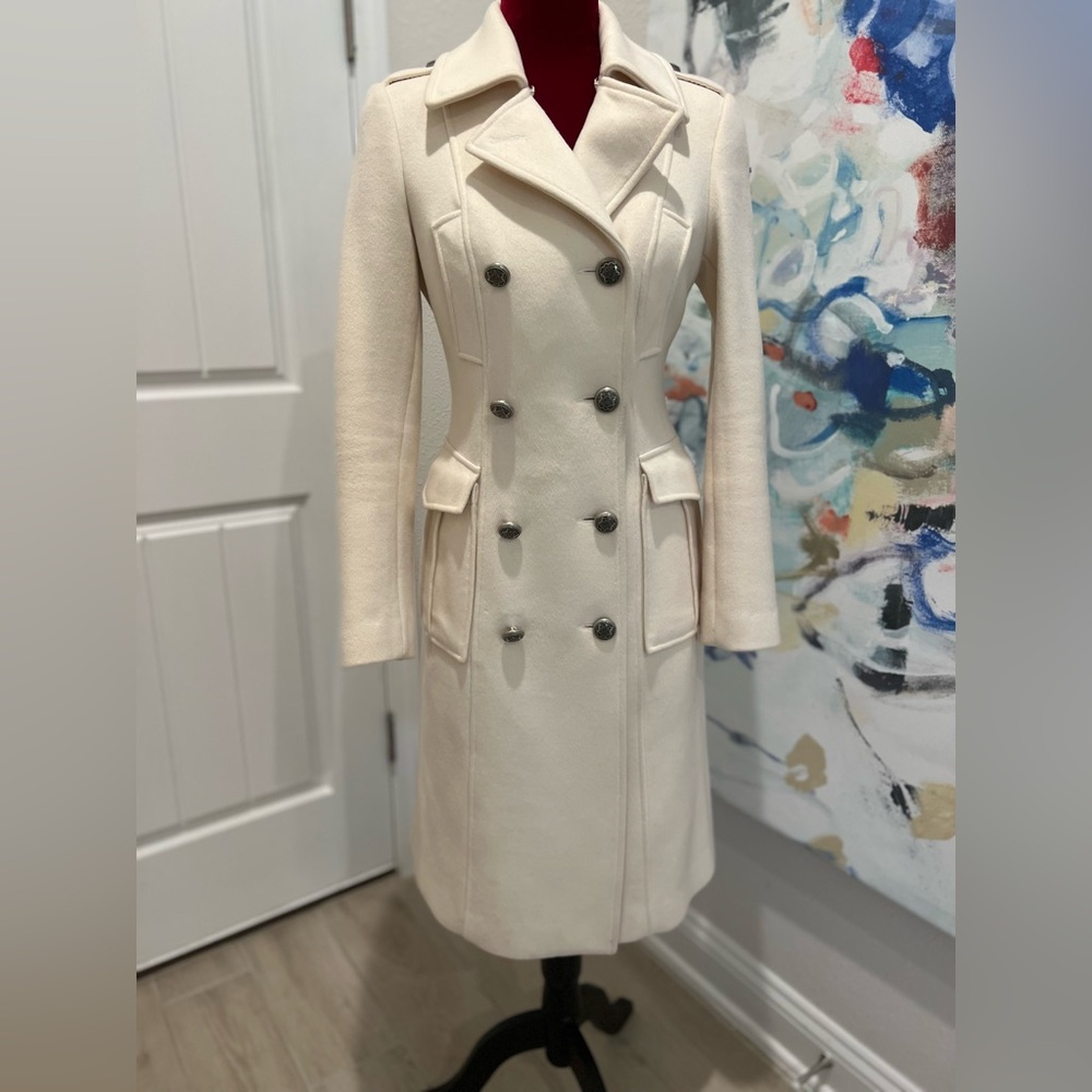 Bebe Classic Double-Breasted Women's Cream Wool Coat military style